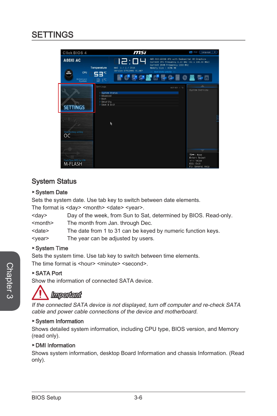 Settings, System status, Settings -6 | System status -6, Chapter 3, Important | MSI A88XI AC User Manual | Page 60 / 94