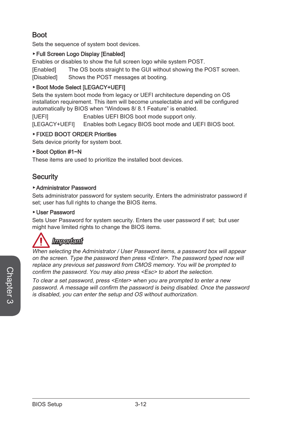 Boot, Security, Boot -12 security -12 | Chapter 3, Important | MSI A88XI AC User Manual | Page 66 / 94