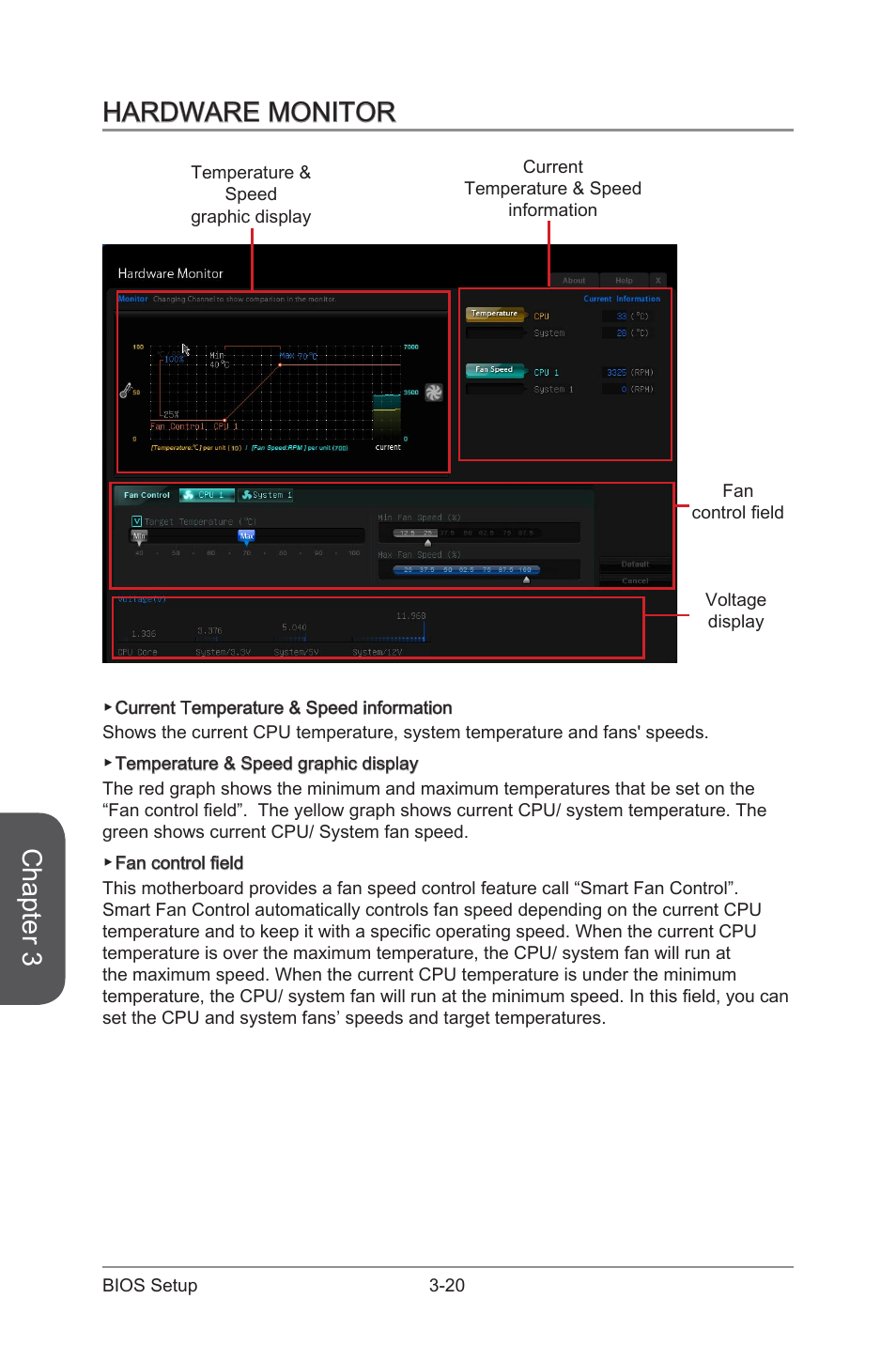 Hardware monitor, Hardware monitor -20, Chapter 3 | MSI A88XI AC User Manual | Page 74 / 94