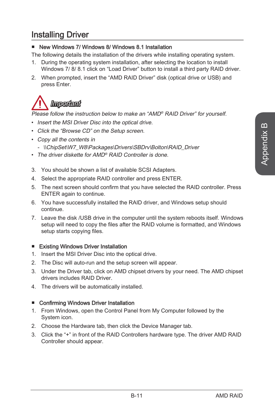 Installing driver, Appendix b, Important | MSI A88XI AC User Manual | Page 91 / 94