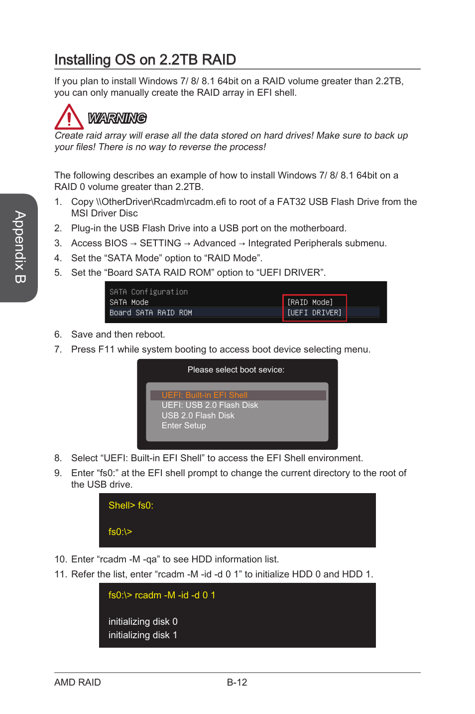 Installing os on 2.2tb raid, Appendix b, Warning | MSI A88XI AC User Manual | Page 92 / 94