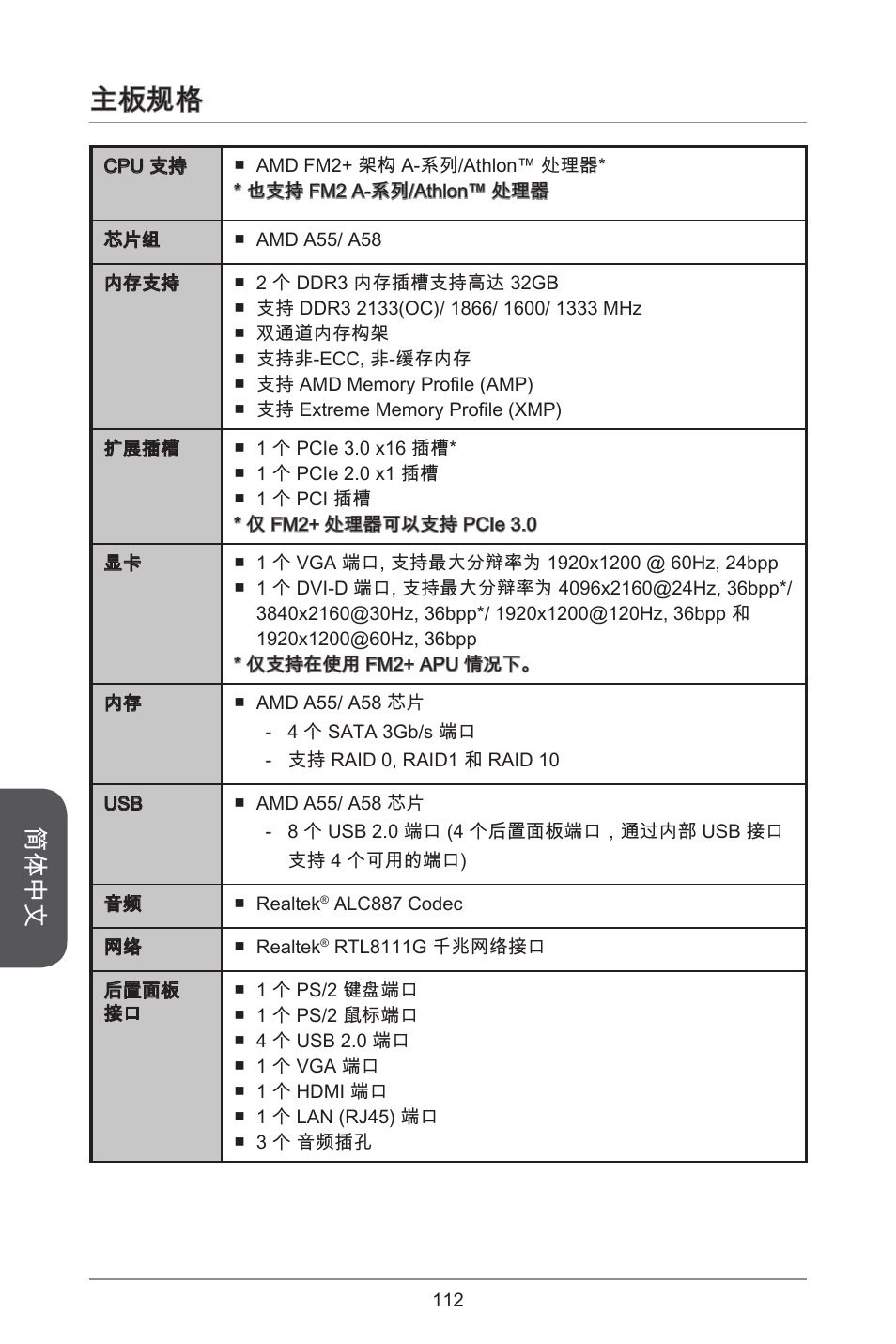 主板规格, 简体中文 | MSI A55M-E33 User Manual | Page 112 / 170