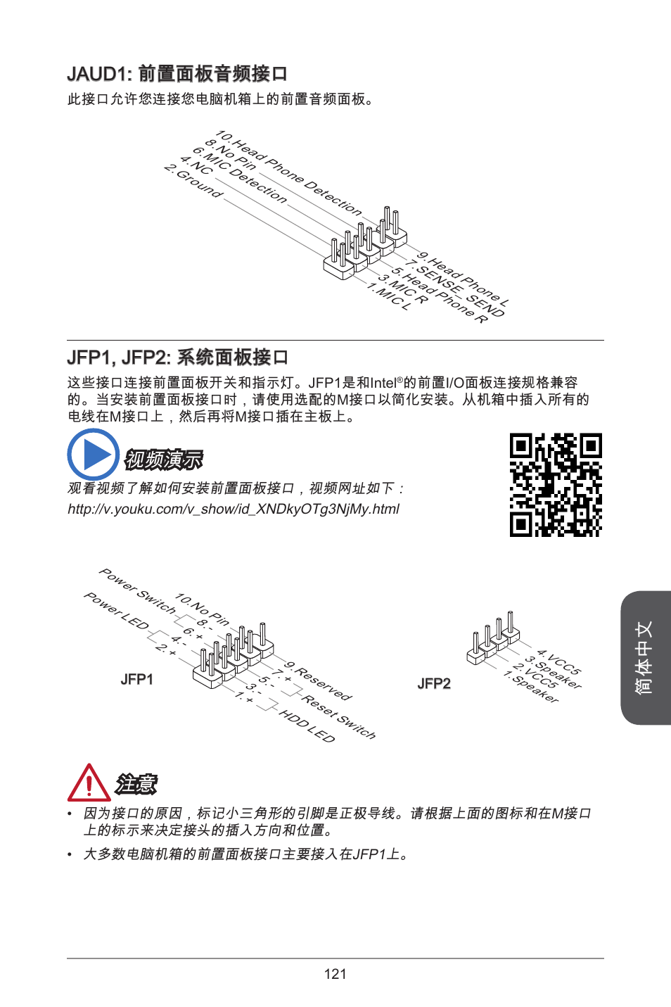 简体中文, Jaud: 前置面板音频接口, Jfp, jfp2: 系统面板接口 | 视频演示 | MSI A55M-E33 User Manual | Page 121 / 170