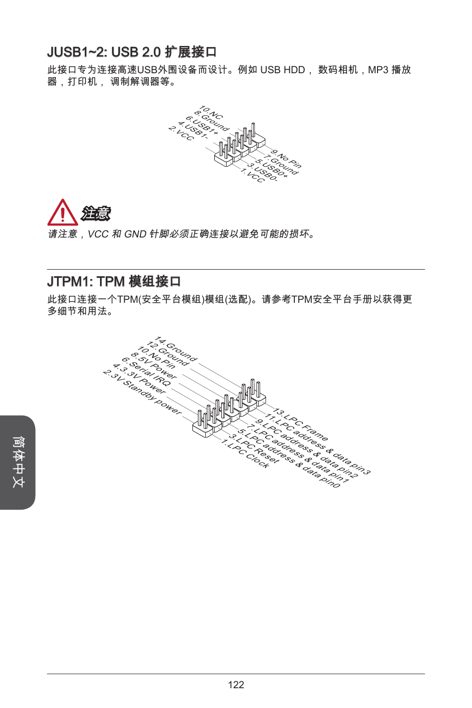 简体中文, Jusb~2: usb 2.0 扩展接口, Jtpm: tpm 模组接口 | MSI A55M-E33 User Manual | Page 122 / 170