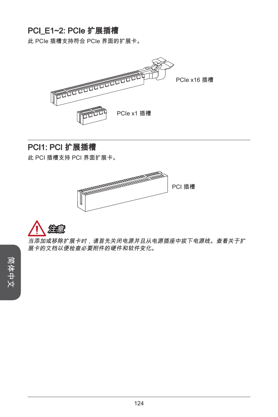 简体中文, Pci_e~2: pcie 扩展插槽, Pci: pci 扩展插槽 | MSI A55M-E33 User Manual | Page 124 / 170