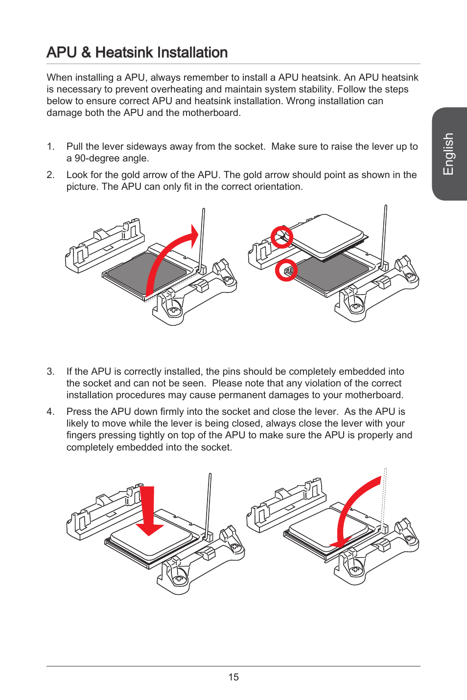 Apu & heatsink installation, English | MSI A55M-E33 User Manual | Page 15 / 170