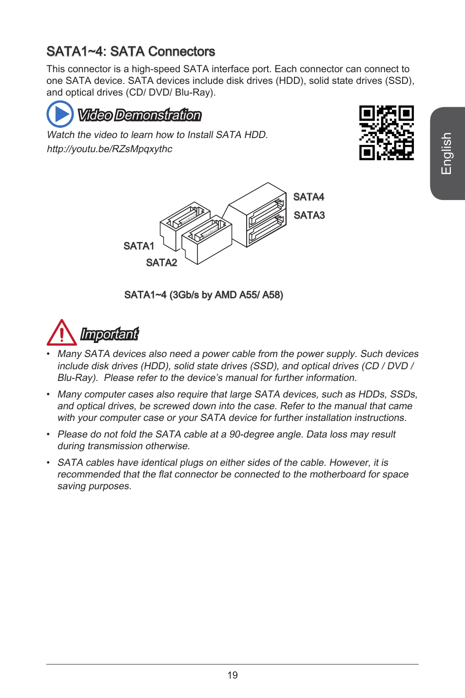 English, Sata~4: sata connectors, Video demonstration | Important | MSI A55M-E33 User Manual | Page 19 / 170