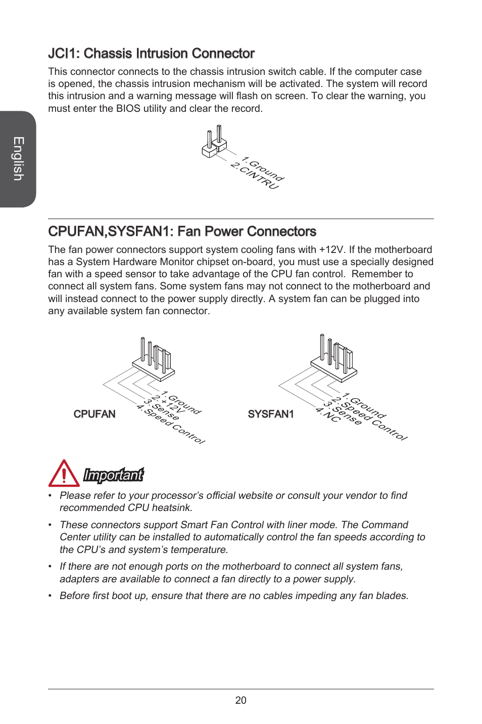 English, Jci: chassis intrusion connector, Cpufan,sysfan: fan power connectors | Important | MSI A55M-E33 User Manual | Page 20 / 170