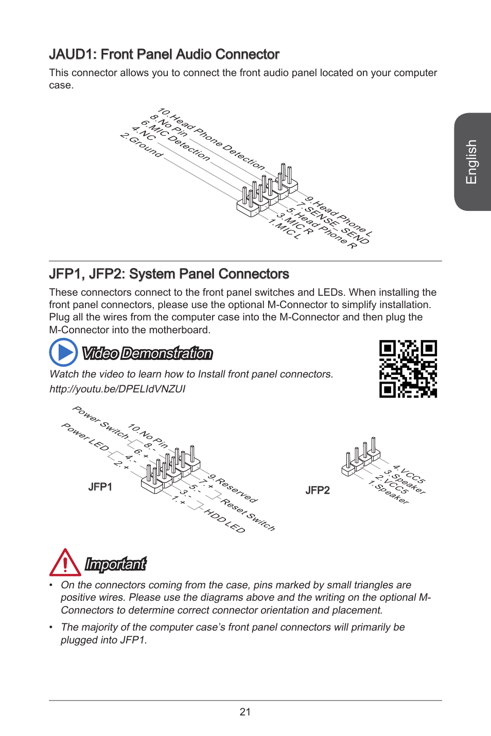 English, Jaud: front panel audio connector, Jfp, jfp2: system panel connectors | Video demonstration, Important | MSI A55M-E33 User Manual | Page 21 / 170