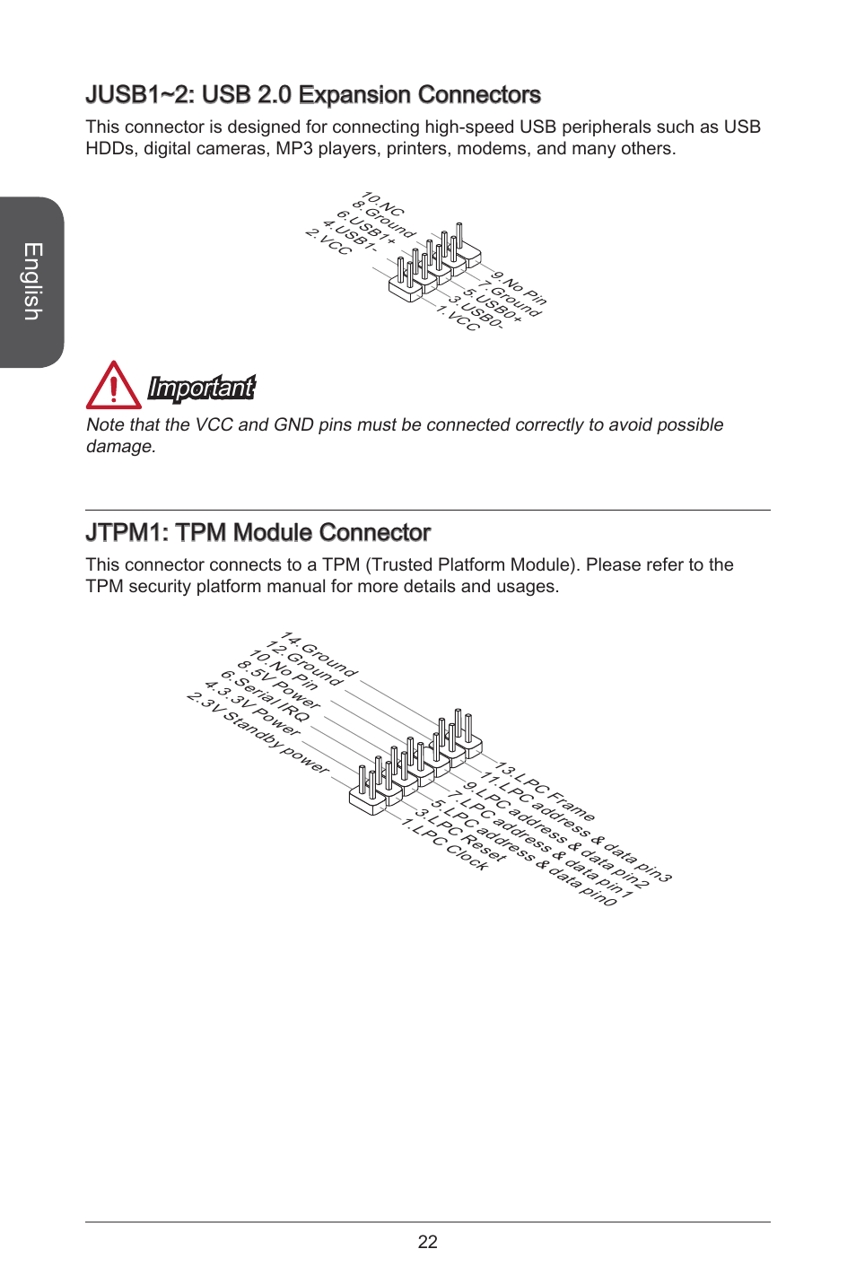 English, Jusb~2: usb 2.0 expansion connectors, Important | Jtpm: tpm module connector | MSI A55M-E33 User Manual | Page 22 / 170