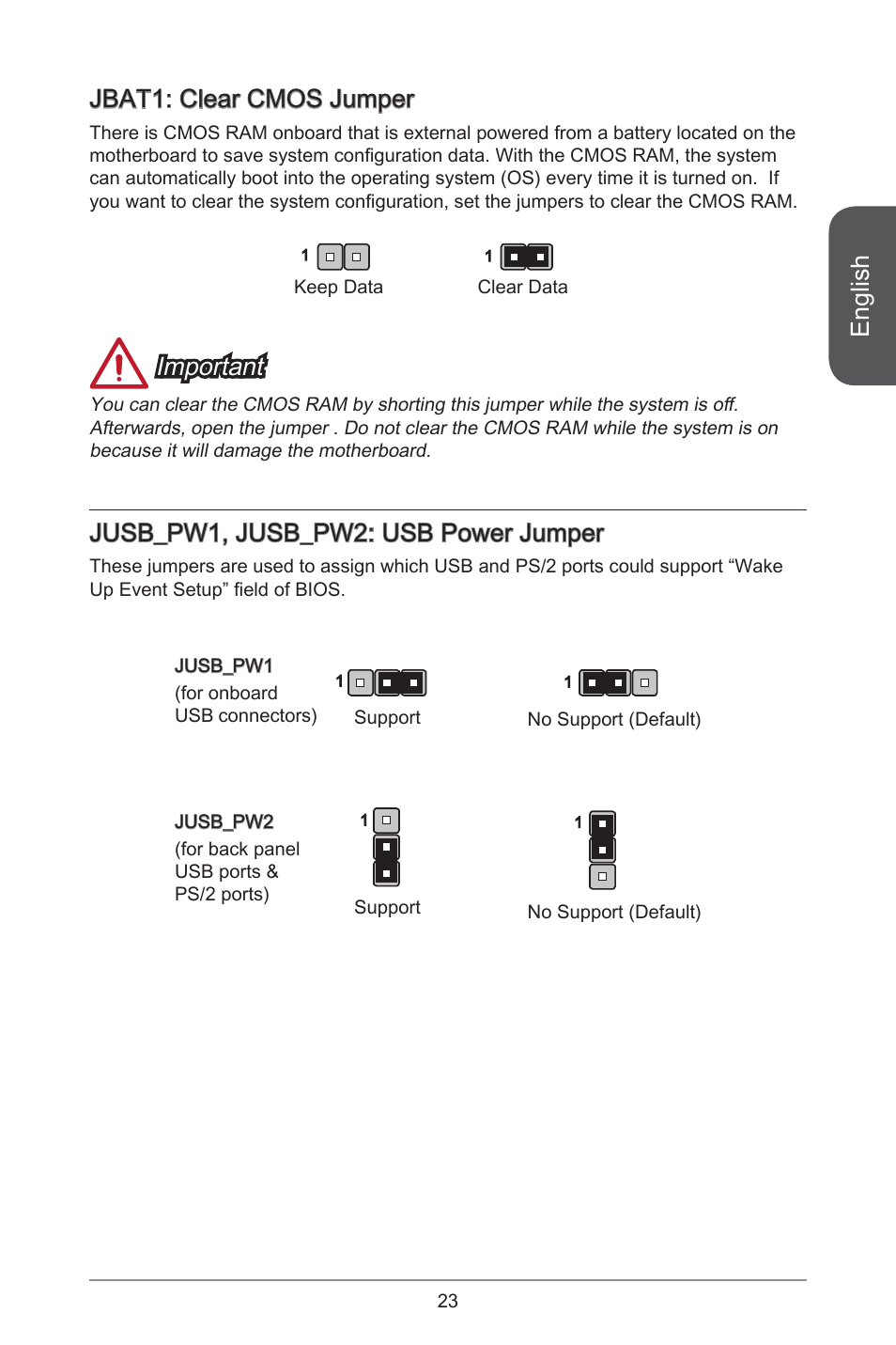 English, Jbat: clear cmos jumper, Important | Jusb_pw, jusb_pw2: usb power jumper | MSI A55M-E33 User Manual | Page 23 / 170