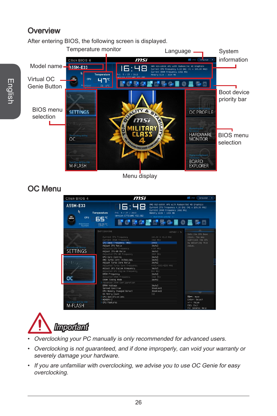 English, Overview, Oc menu important | MSI A55M-E33 User Manual | Page 26 / 170