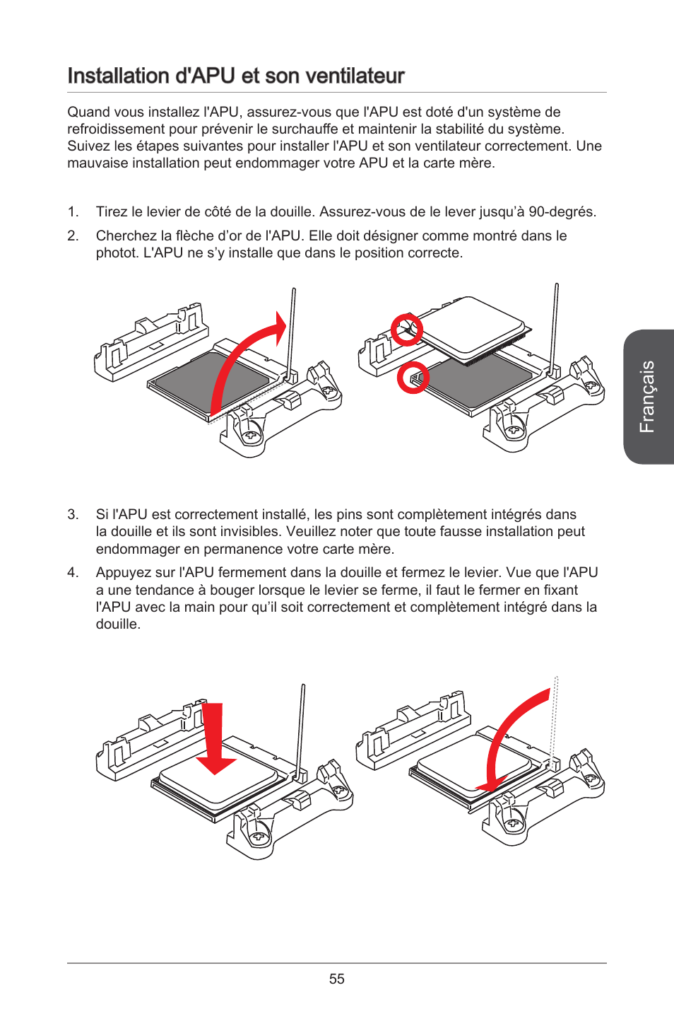 Installation d'apu et son ventilateur, Français | MSI A55M-E33 User Manual | Page 55 / 170