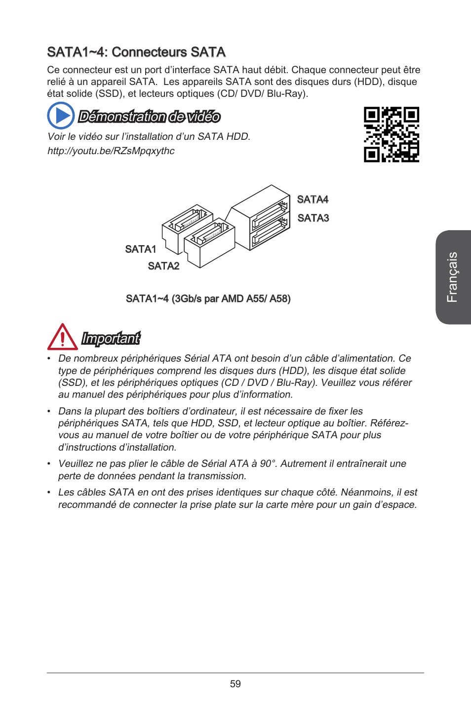 Français, Sata~4: connecteurs sata, Démonstration de vidéo | Important | MSI A55M-E33 User Manual | Page 59 / 170