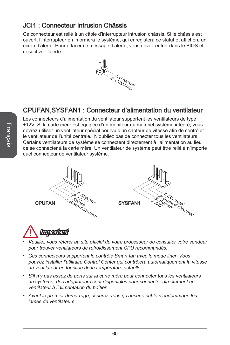 Français, Jci : connecteur intrusion châssis, Important | MSI A55M-E33 User Manual | Page 60 / 170