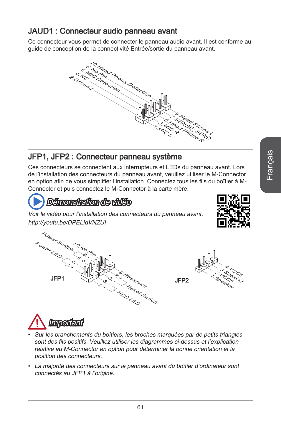 Français, Jaud : connecteur audio panneau avant, Jfp, jfp2 : connecteur panneau système | Démonstration de vidéo, Important | MSI A55M-E33 User Manual | Page 61 / 170
