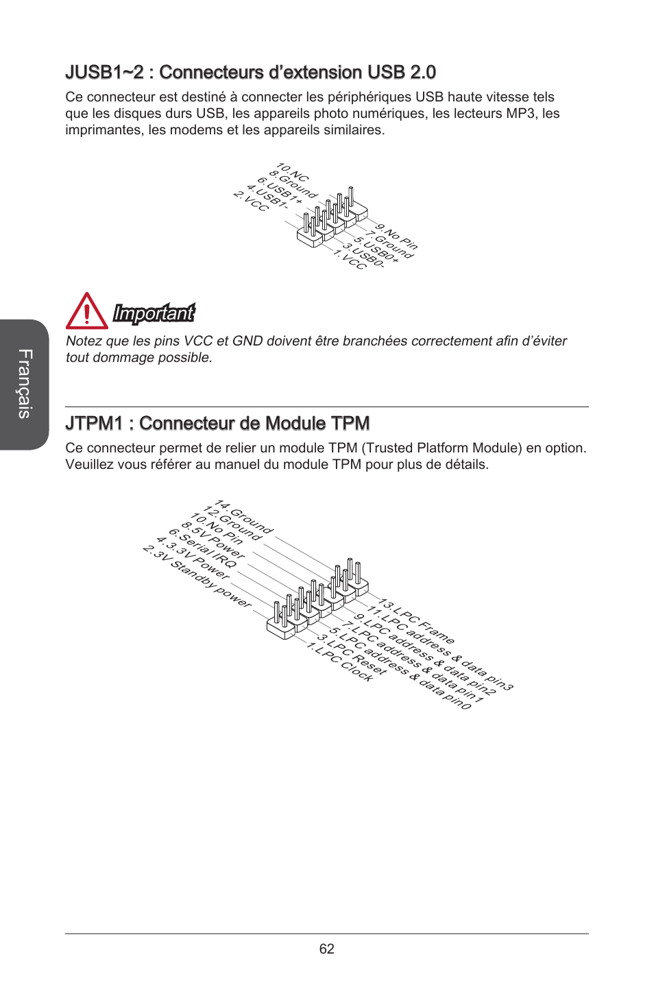 Français, Jusb~2 : connecteurs d’extension usb 2.0, Important | Jtpm : connecteur de module tpm | MSI A55M-E33 User Manual | Page 62 / 170