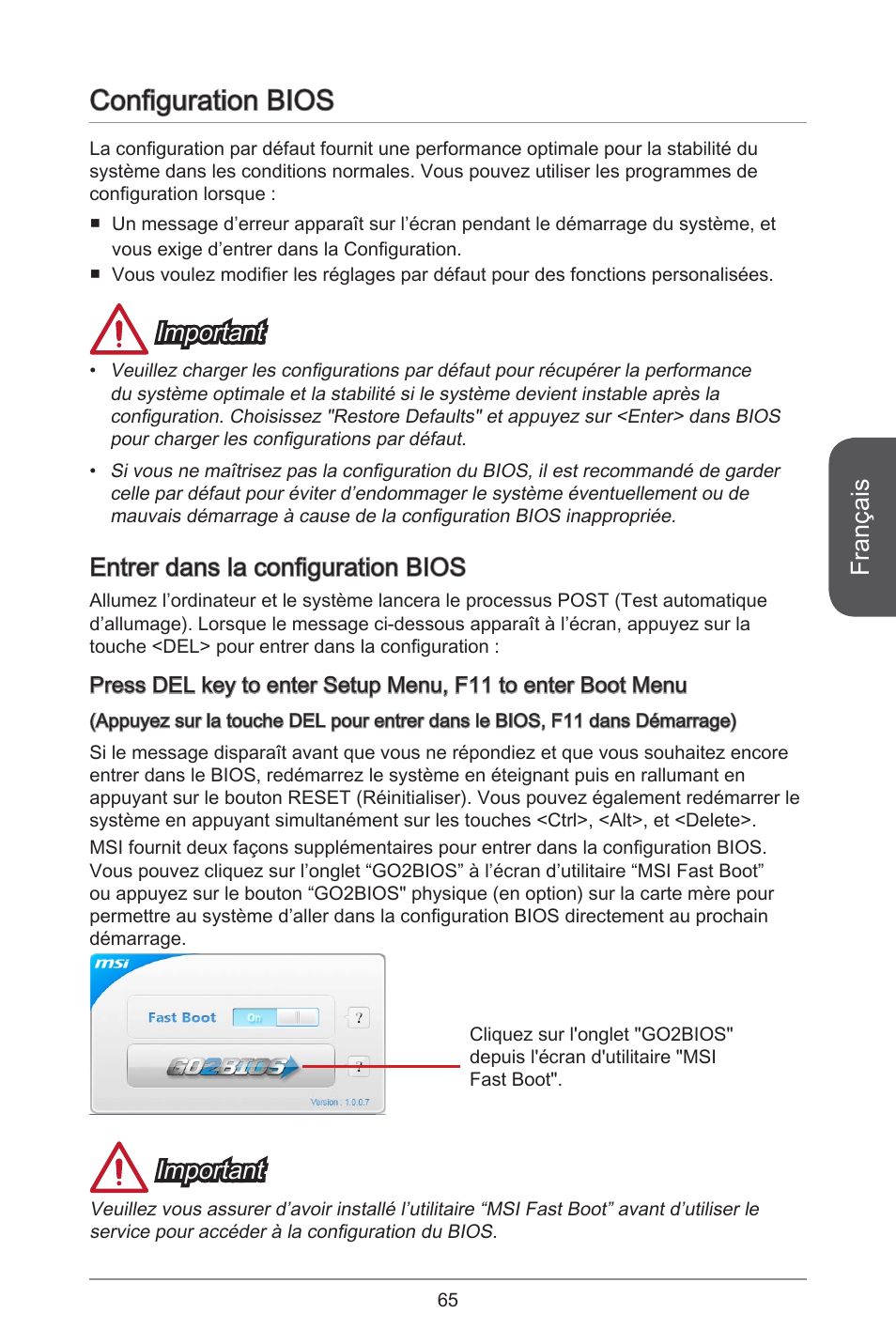 Configuration bios, Français, Important | Entrer dans la configuration bios | MSI A55M-E33 User Manual | Page 65 / 170