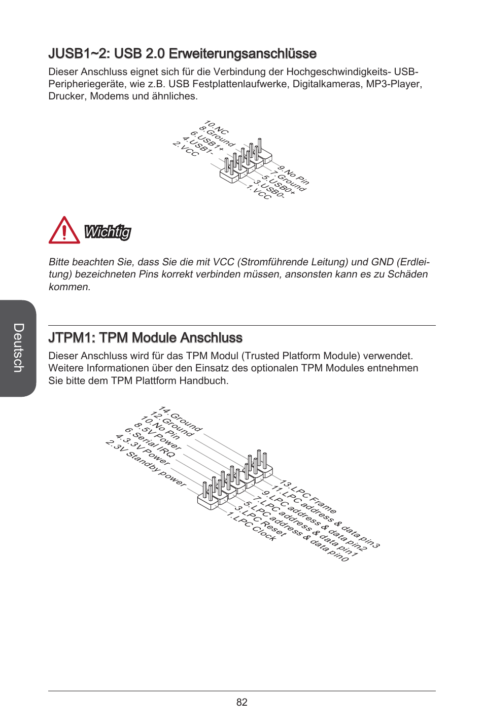 Deutsch, Jusb~2: usb 2.0 erweiterungsanschlüsse, Wichtig | Jtpm: tpm module anschluss | MSI A55M-E33 User Manual | Page 82 / 170