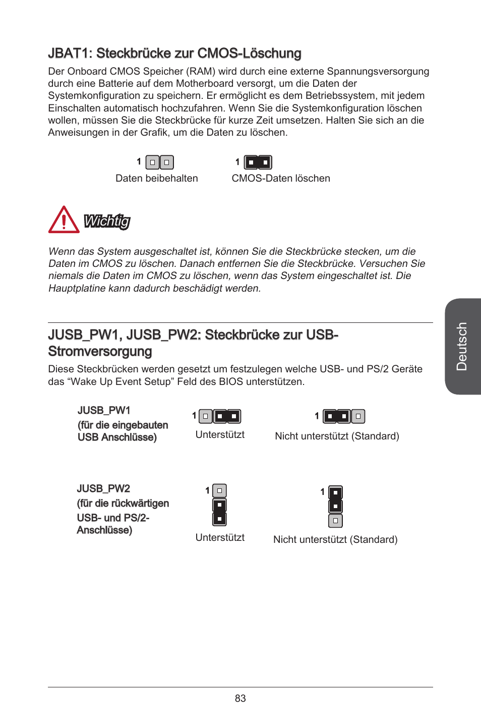 Deutsch, Jbat: steckbrücke zur cmos-löschung, Wichtig | MSI A55M-E33 User Manual | Page 83 / 170