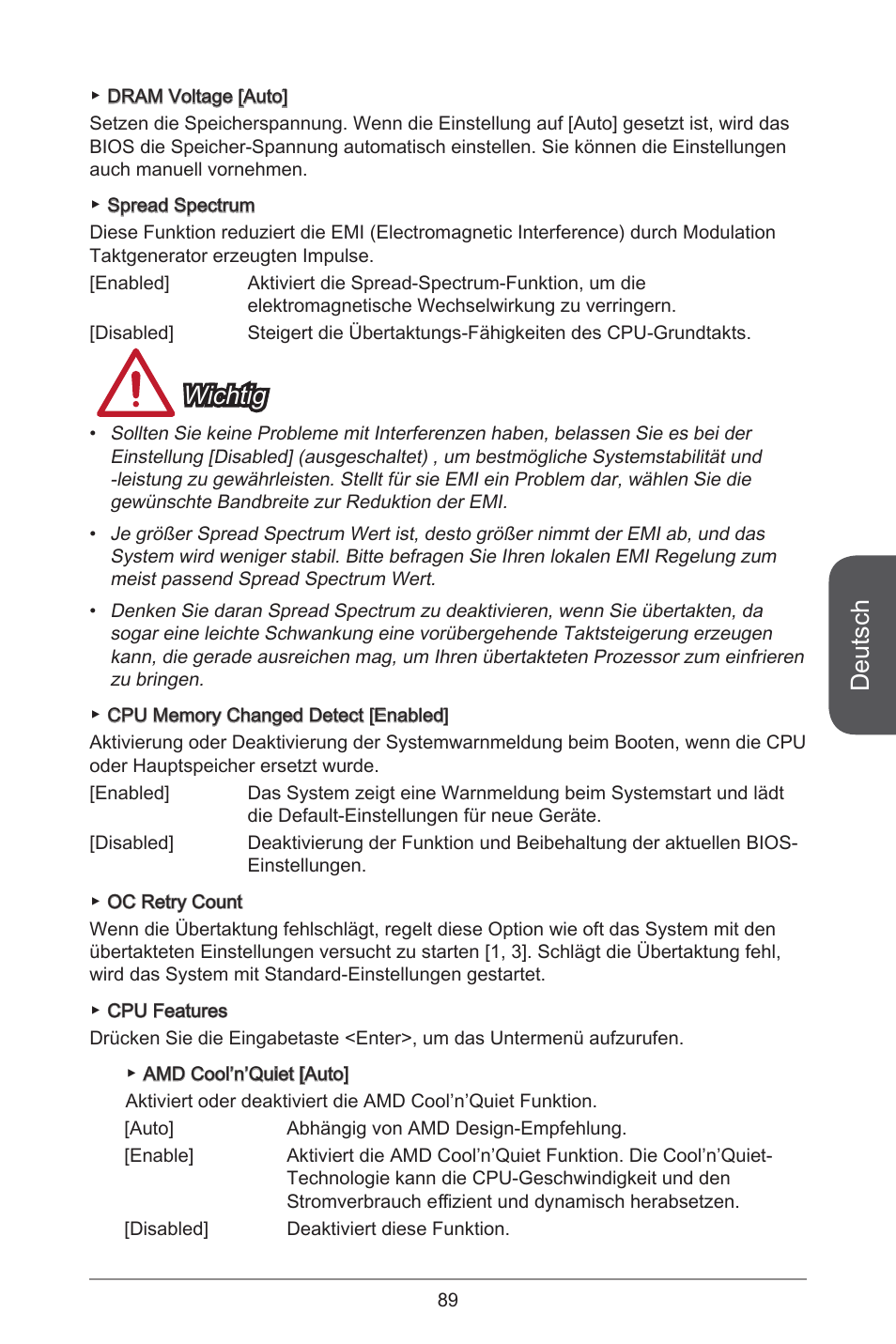 Deutsch, Wichtig | MSI A55M-E33 User Manual | Page 89 / 170