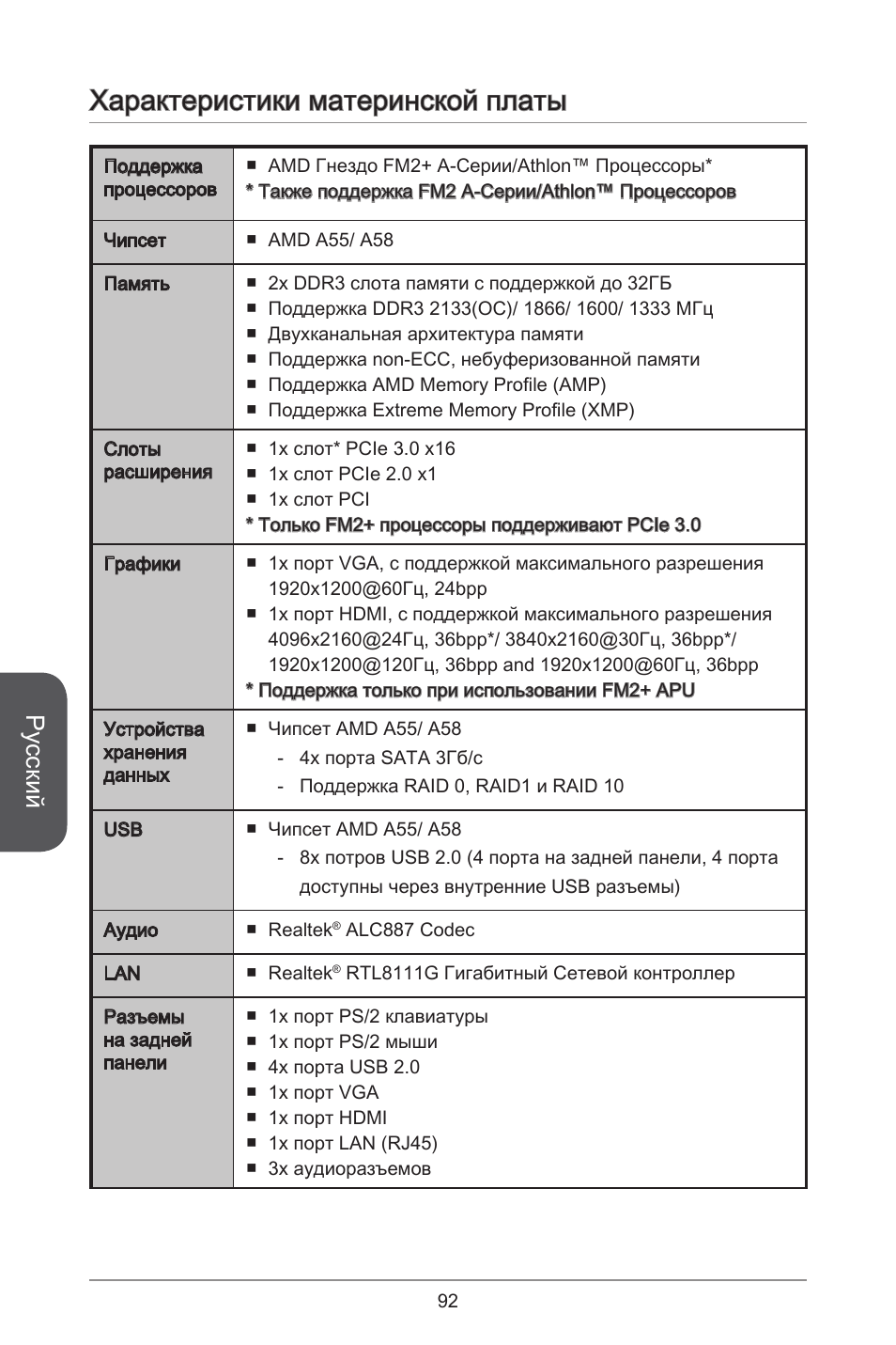 Характеристики материнской платы, Русский | MSI A55M-E33 User Manual | Page 92 / 170
