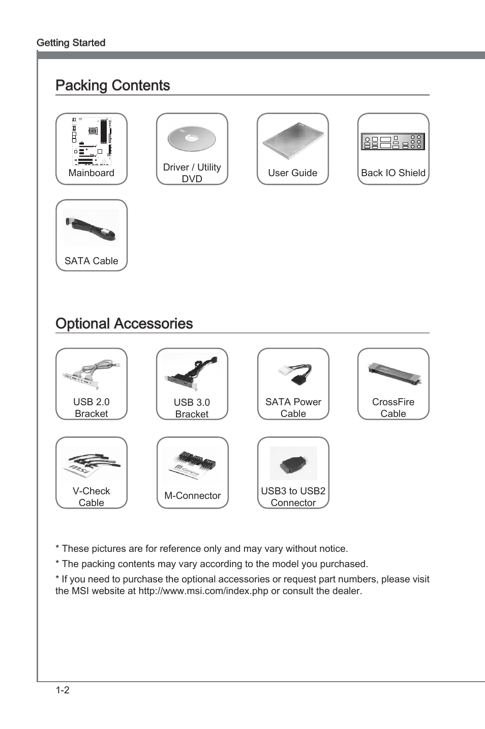 Packng contents -2 optonal accessores -2, Packng contents, Optonal accessores | MSI FM2-A85XA-G43 User Manual | Page 14 / 86