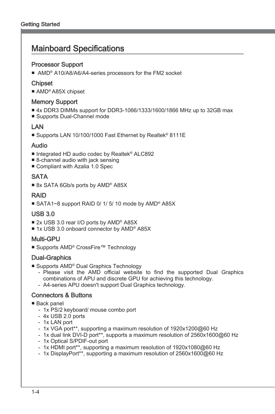 Manboard specficatons -4, Manboard specficatons | MSI FM2-A85XA-G43 User Manual | Page 16 / 86