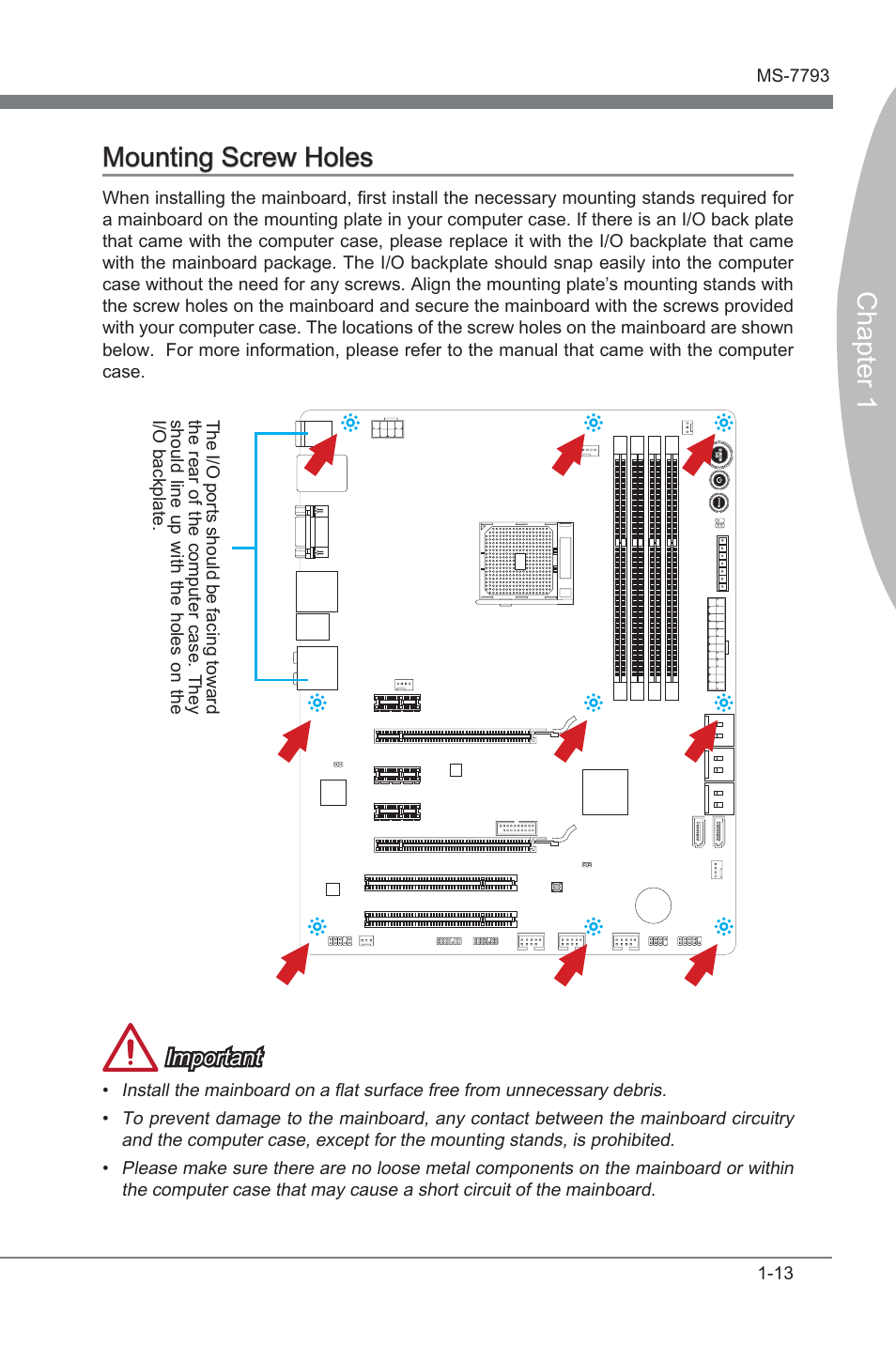 Mountng screw holes -13, Chapter 1 mountng screw holes, Important | MSI FM2-A85XA-G43 User Manual | Page 25 / 86