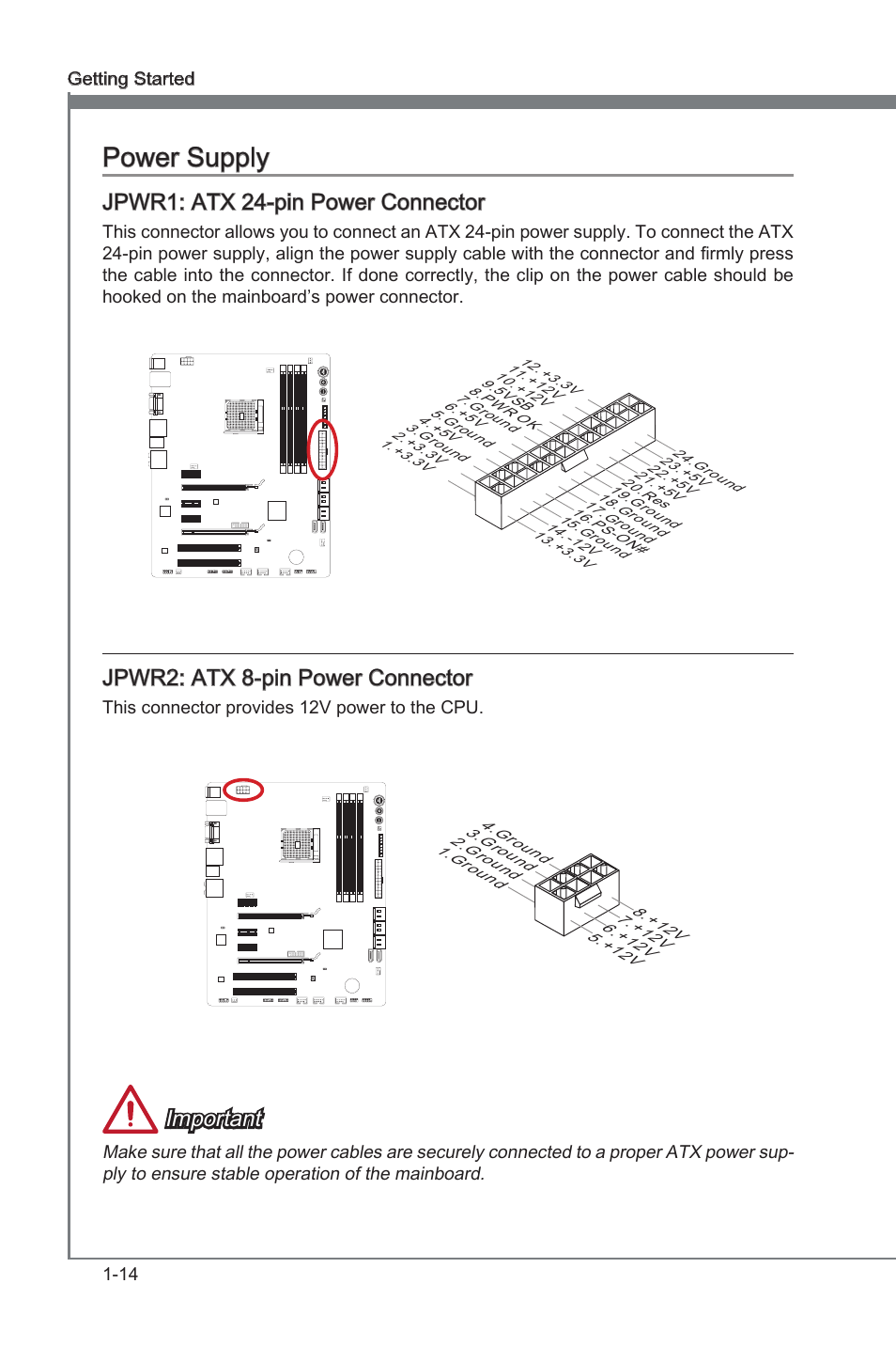 Jpwr1: atx 24-pin power connector, Jpwr2: atx 8-pin power connector, Power supply -14 | Jpwr1, Atx 24-pn power connector, Jpwr2, Atx 8-pn power connector, Power supply, Jpwr1: atx 24-pn power connector, Jpwr2: atx 8-pn power connector | MSI FM2-A85XA-G43 User Manual | Page 26 / 86