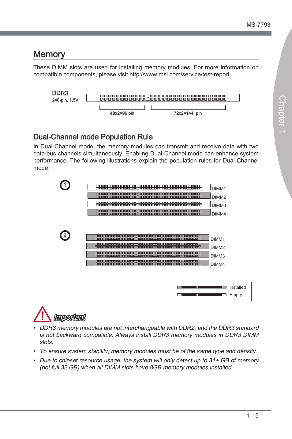 Dual-channel mode population rule, Memory -15, Dual-channel mode populaton rule | Important | MSI FM2-A85XA-G43 User Manual | Page 27 / 86