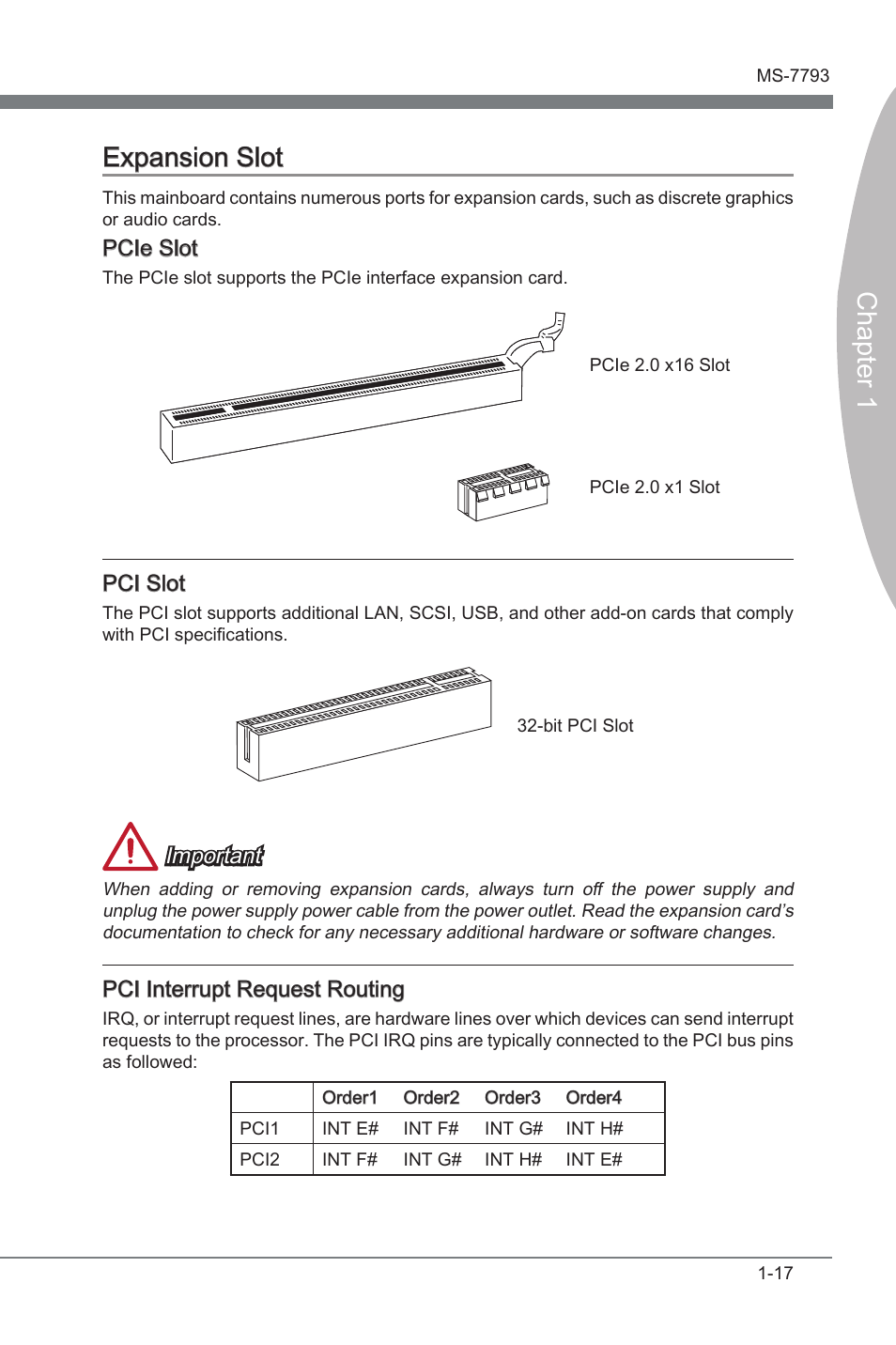 Pcie slot, Pci interrupt request routing, Pci slot | Expanson slot -17, On slots, Chapter 1 expanson slot, Important, Pci interrupt request routng | MSI FM2-A85XA-G43 User Manual | Page 29 / 86