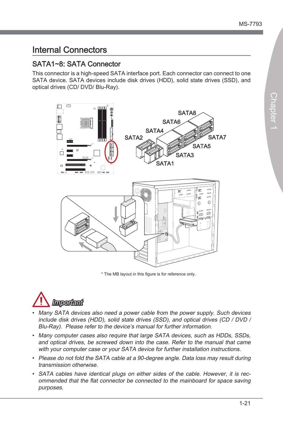 Sata1~8: sata connector, Internal connectors -21, Sata1~8 | Sata connectors, Chapter 1 internal connectors, Important | MSI FM2-A85XA-G43 User Manual | Page 33 / 86