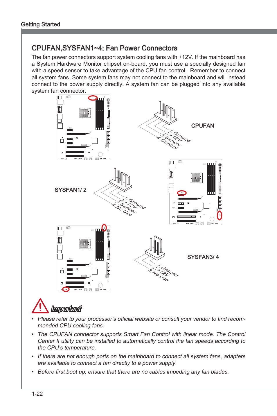 Cpufan,sysfan1~4: fan power connectors, Cpufan,sysfan1~4, Fan power connectors | Important | MSI FM2-A85XA-G43 User Manual | Page 34 / 86