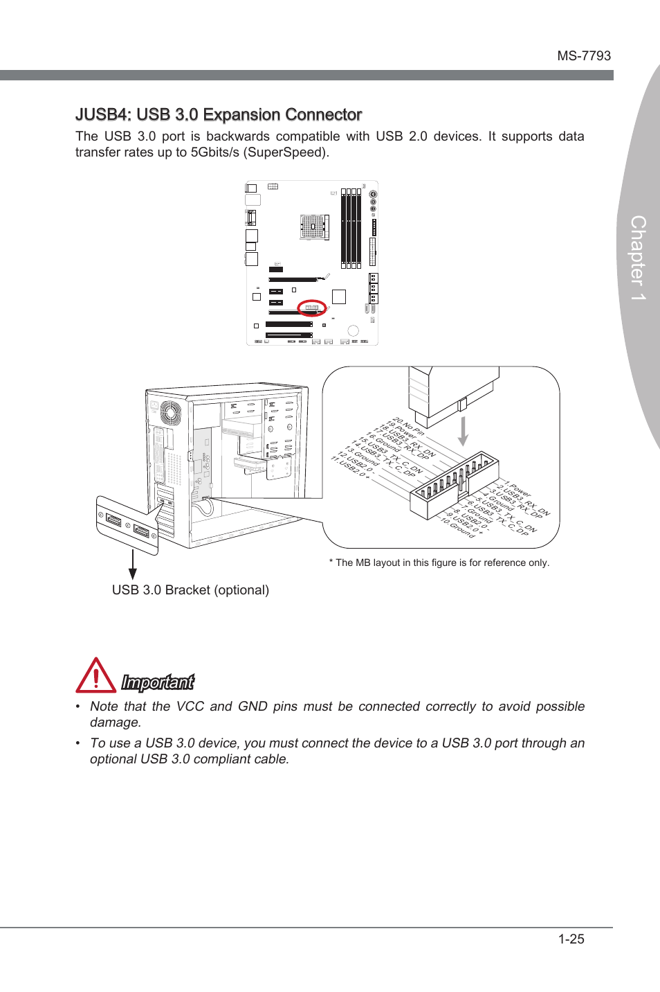 Jusb4: usb 3.0 expansion connector, Jusb4, Usb 3.0 expanson connector | Chapter 1, Jusb4: usb 3.0 expanson connector, Important, Usb 3.0 bracket (optonal) | MSI FM2-A85XA-G43 User Manual | Page 37 / 86