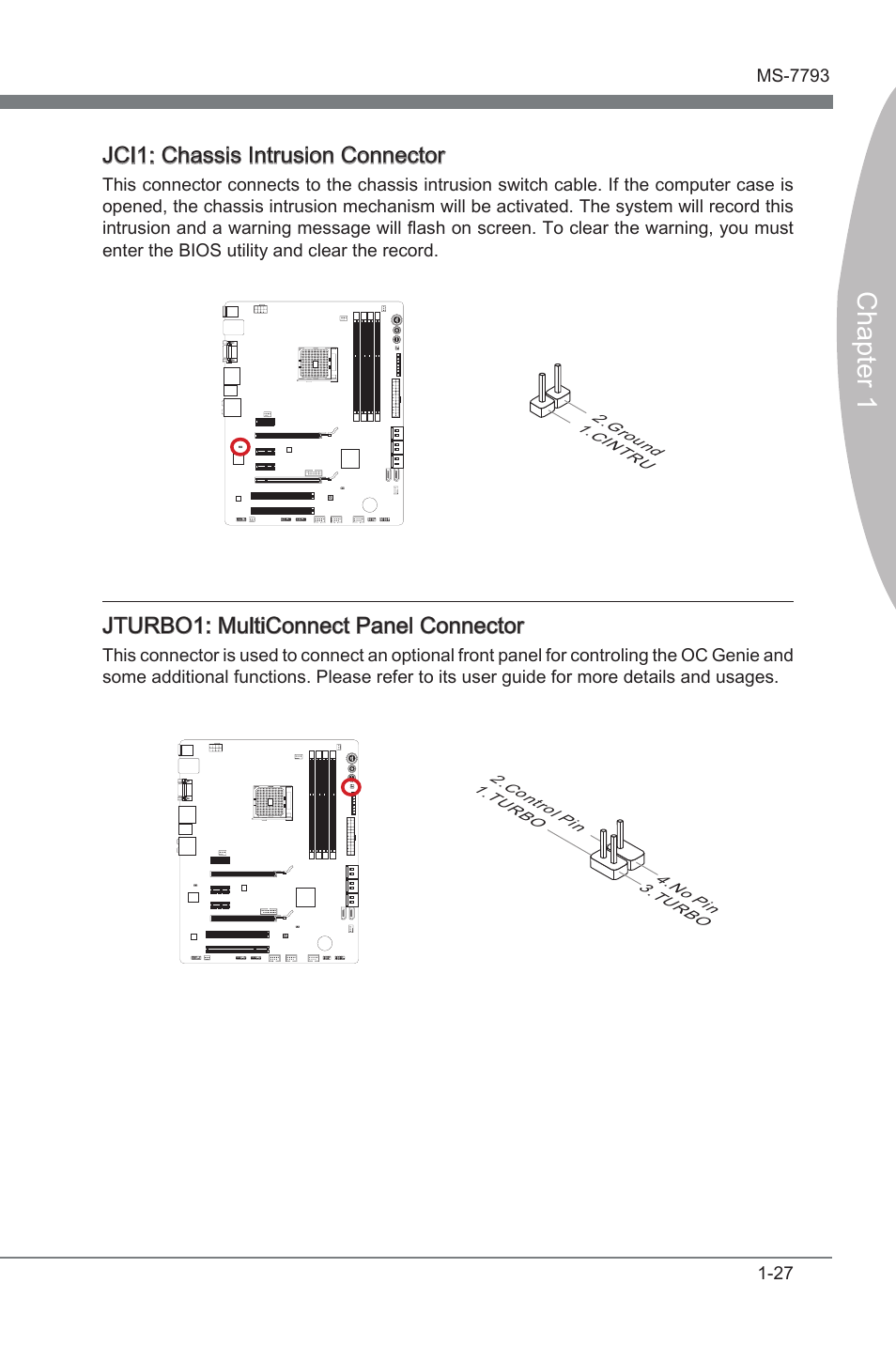 Jci1: chassis intrusion connector, Jturbo1: multiconnect panel connector, Jci1 | Chasss intruson connector, Jturbo1, Multconnect panel connector, Chapter 1, Jci1: chasss intruson connector, Jturbo1: multconnect panel connector | MSI FM2-A85XA-G43 User Manual | Page 39 / 86