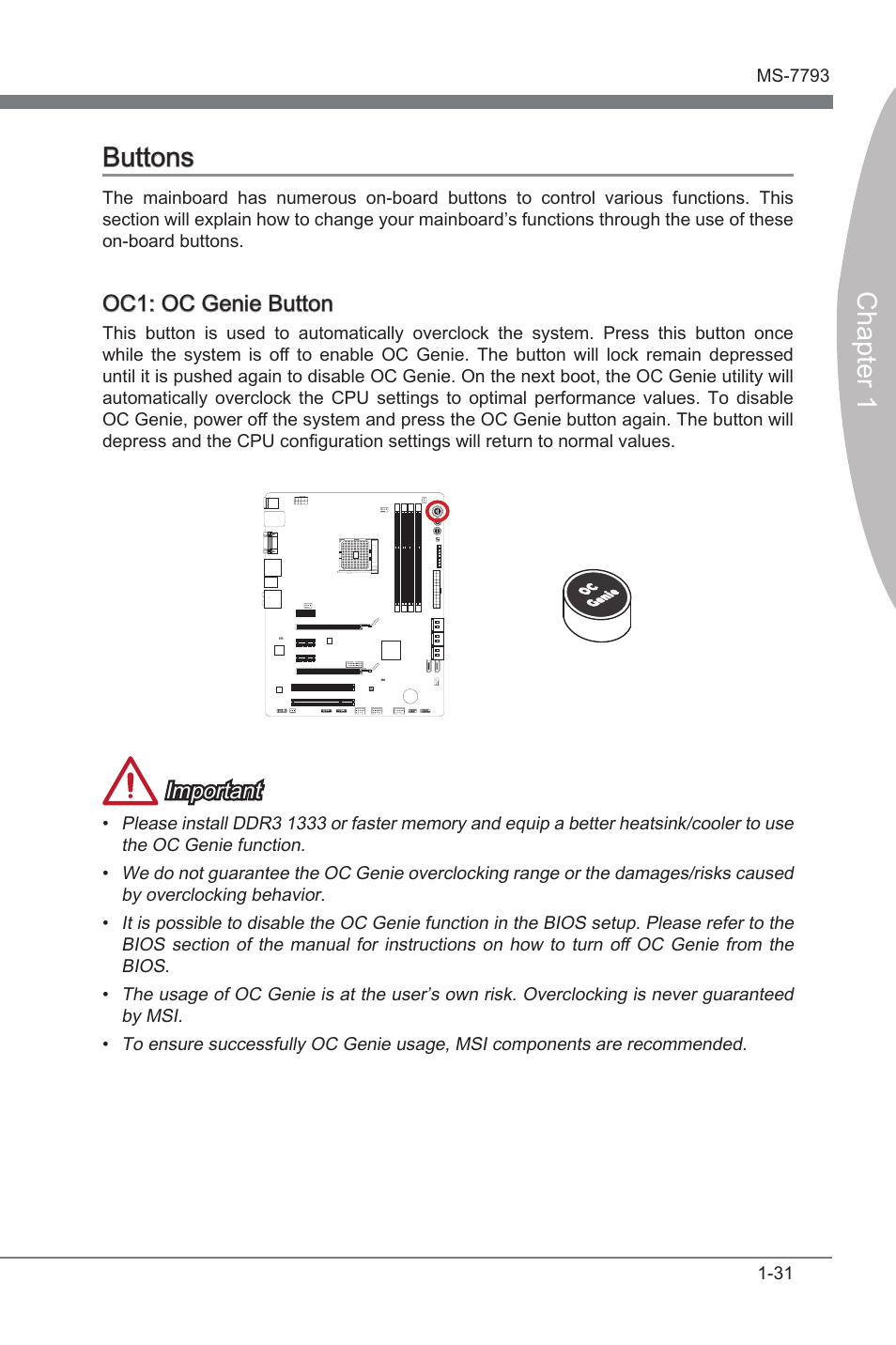 Oc1: oc genie button, Buttons -31, Oc gene button | Chapter 1 buttons, Oc1: oc gene button, Important | MSI FM2-A85XA-G43 User Manual | Page 43 / 86