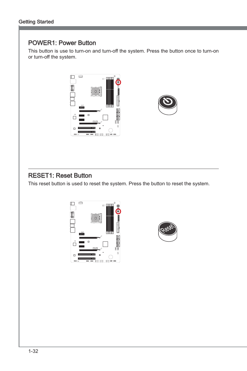 Power1: power button, Reset1: reset button, Power1 | Power button, Reset1, Reset button | MSI FM2-A85XA-G43 User Manual | Page 44 / 86