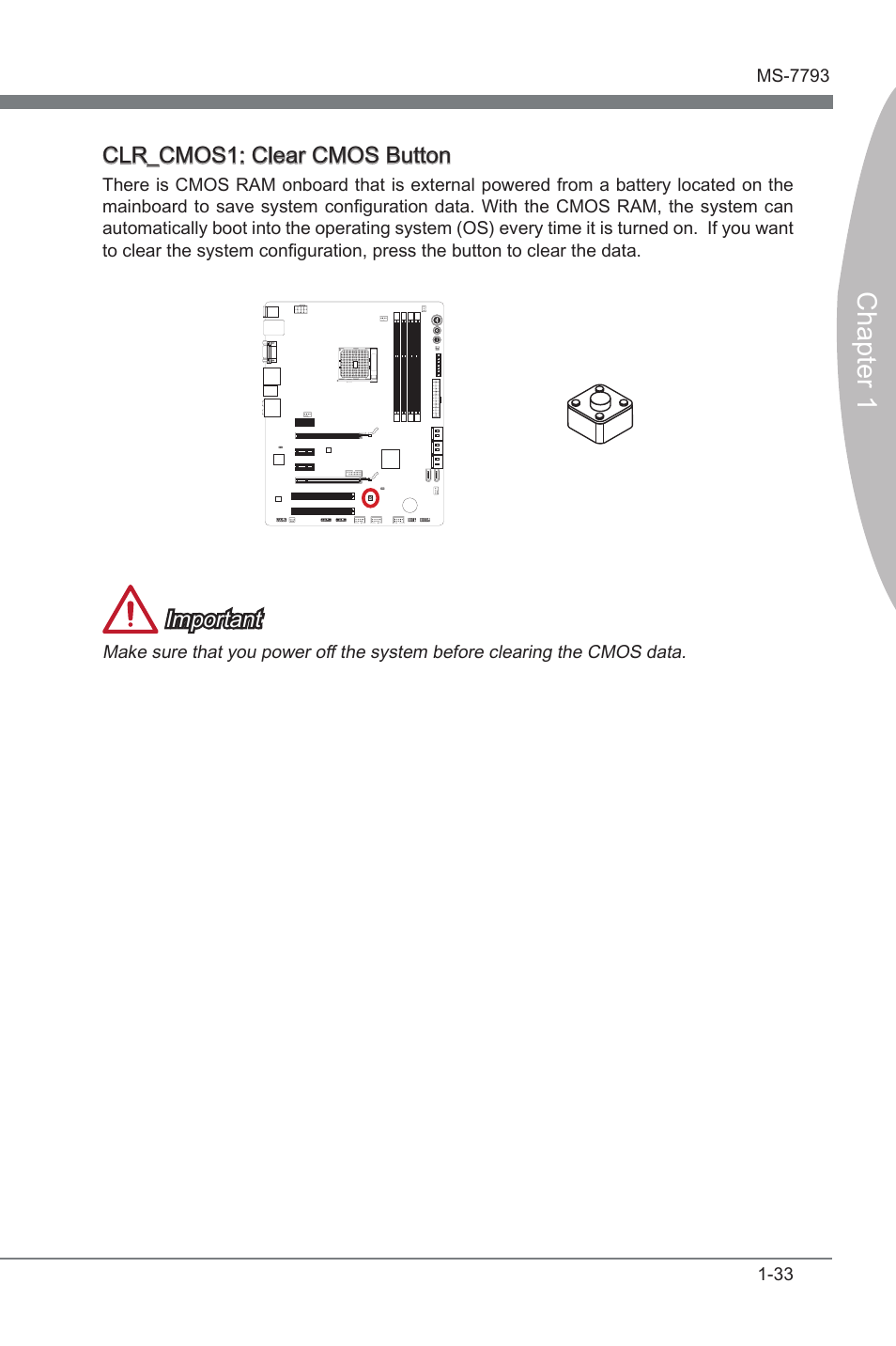 Clr_cmos1: clear cmos button, Clr_cmos1, Clear cmos button | Chapter 1 | MSI FM2-A85XA-G43 User Manual | Page 45 / 86