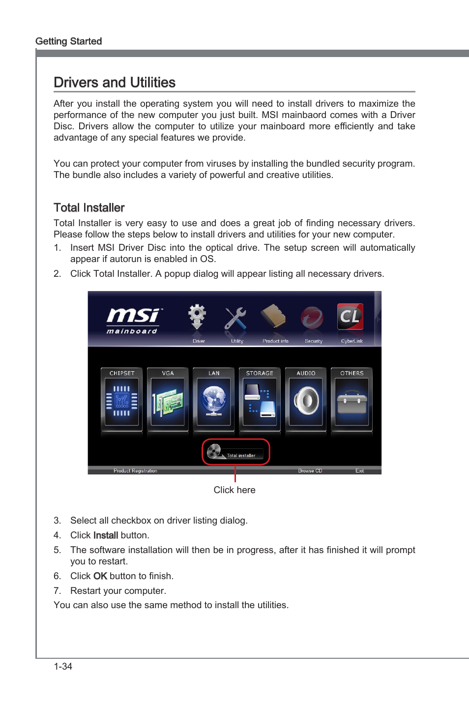 Drvers and utltes -34, Drvers and utltes, Total installer | MSI FM2-A85XA-G43 User Manual | Page 46 / 86