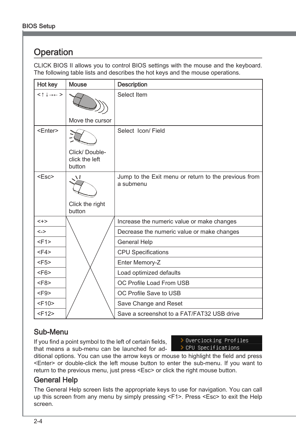 Operaton -4, Operaton, Sub-menu | General help | MSI FM2-A85XA-G43 User Manual | Page 50 / 86