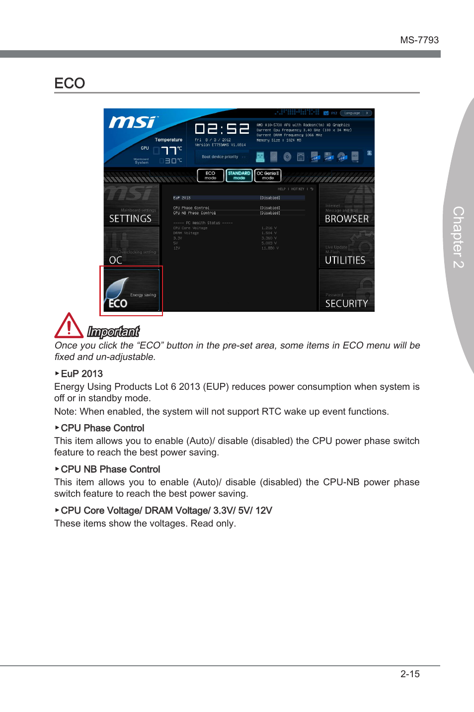 Eco -15, Chapter 2 eco, Important | MSI FM2-A85XA-G43 User Manual | Page 61 / 86
