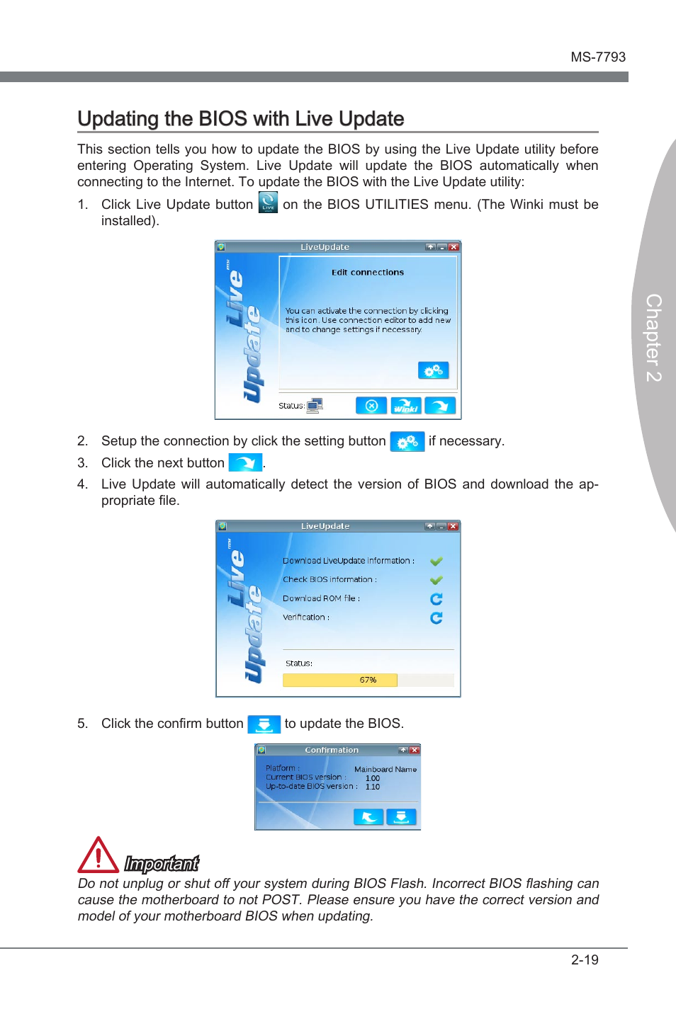 Updatng the bios wth lve update -19, Chapter 2 updatng the bios wth lve update, Important | MSI FM2-A85XA-G43 User Manual | Page 65 / 86