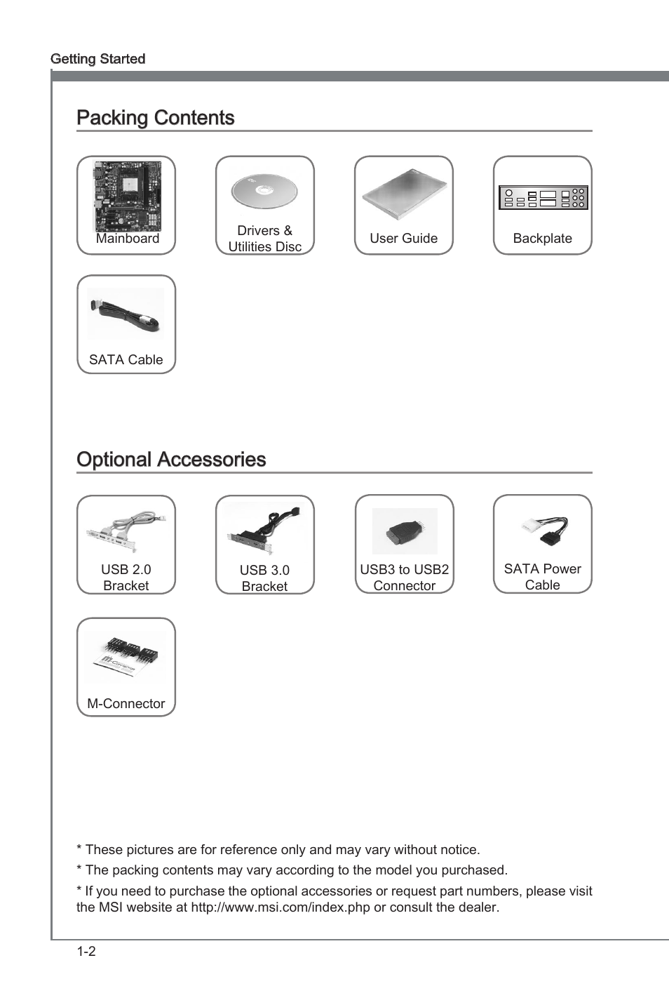 Packng contents -2 optonal accessores -2, Packng contents, Optonal accessores | MSI FM2-A85XMA-E35 User Manual | Page 14 / 86