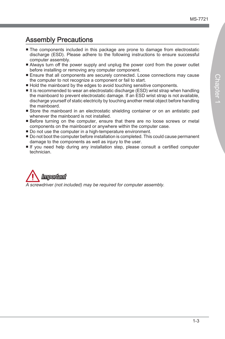 Assembly precautons -3, Chapter 1 assembly precautons, Important | MSI FM2-A85XMA-E35 User Manual | Page 15 / 86