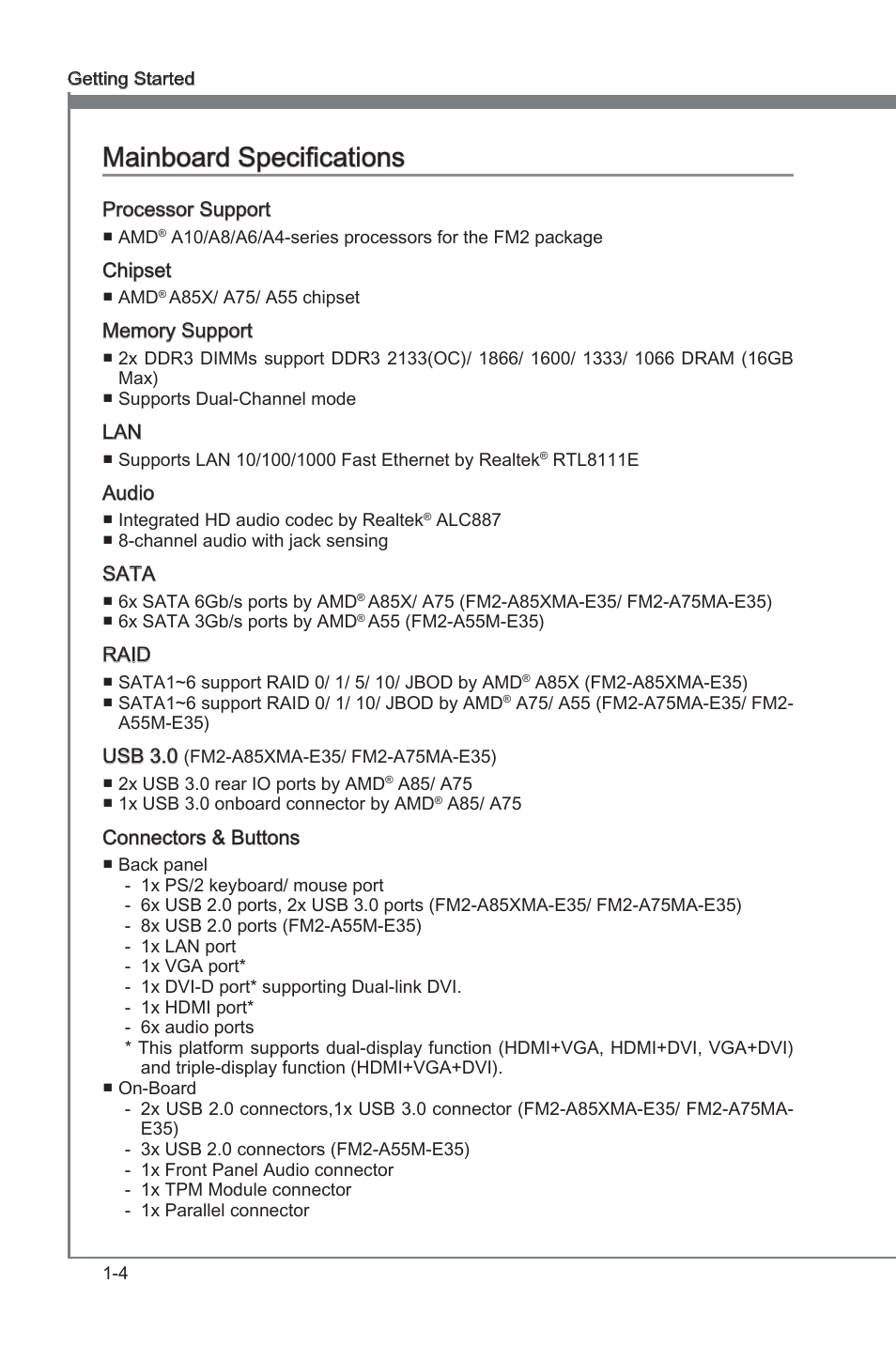 Manboard specficatons -4, Manboard specficatons | MSI FM2-A85XMA-E35 User Manual | Page 16 / 86