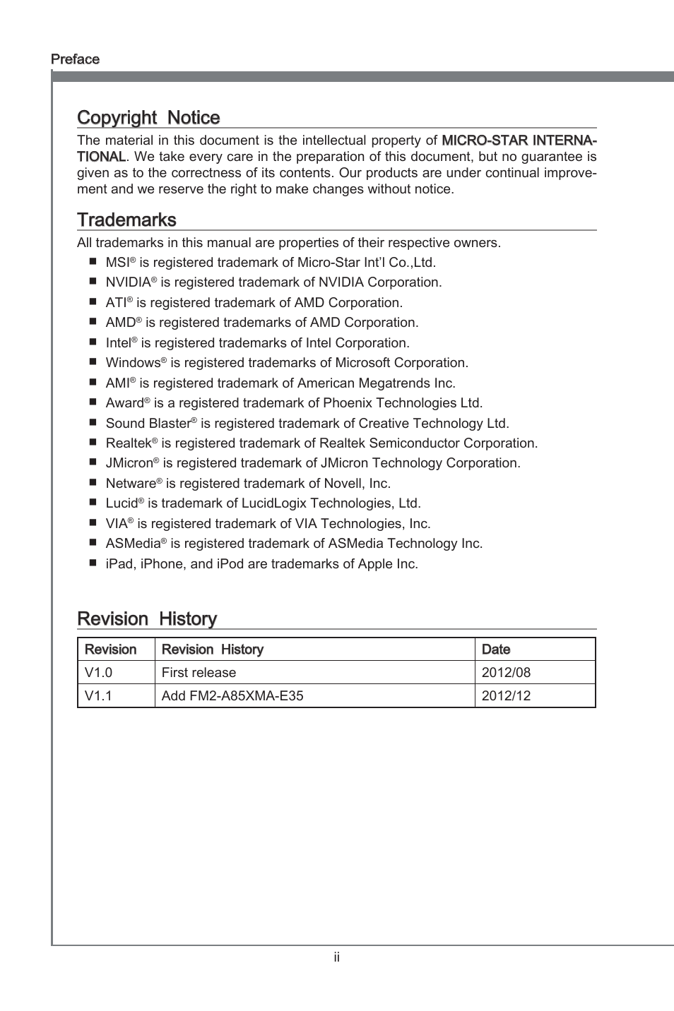 Copyrght notce, Trademarks, Revson hstory | MSI FM2-A85XMA-E35 User Manual | Page 2 / 86