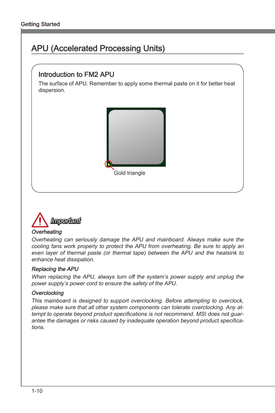 Apu (accelerated processng unts) -10, Fm2 apu socket, Apu (accelerated processng unts) | Important, Introducton to fm2 apu | MSI FM2-A85XMA-E35 User Manual | Page 22 / 86