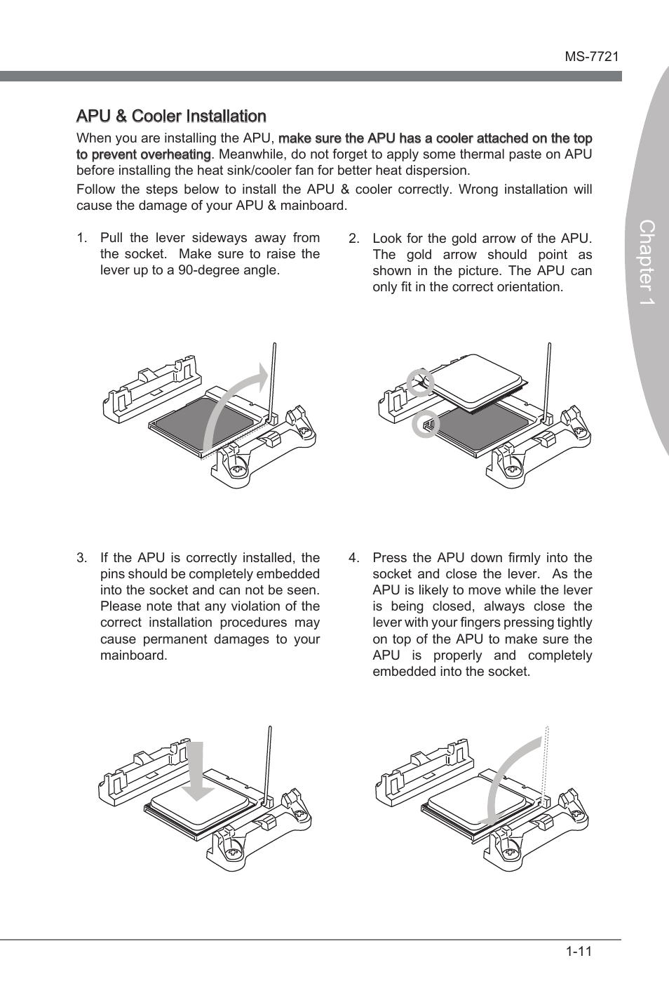 Chapter 1, Apu & cooler installaton | MSI FM2-A85XMA-E35 User Manual | Page 23 / 86