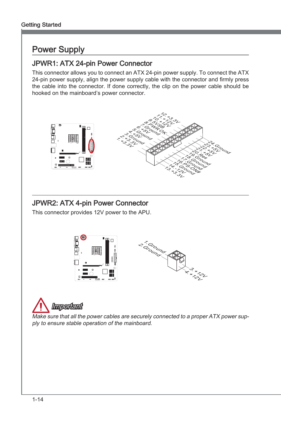 Jpwr1: atx 24-pin power connector, Jpwr2: atx 4-pin power connector, Power supply -14 | Jpwr1, Atx 24-pn power connector, Jpwr2, Atx 4-pn power connector, Power supply, Jpwr1: atx 24-pn power connector, Jpwr2: atx 4-pn power connector | MSI FM2-A85XMA-E35 User Manual | Page 26 / 86